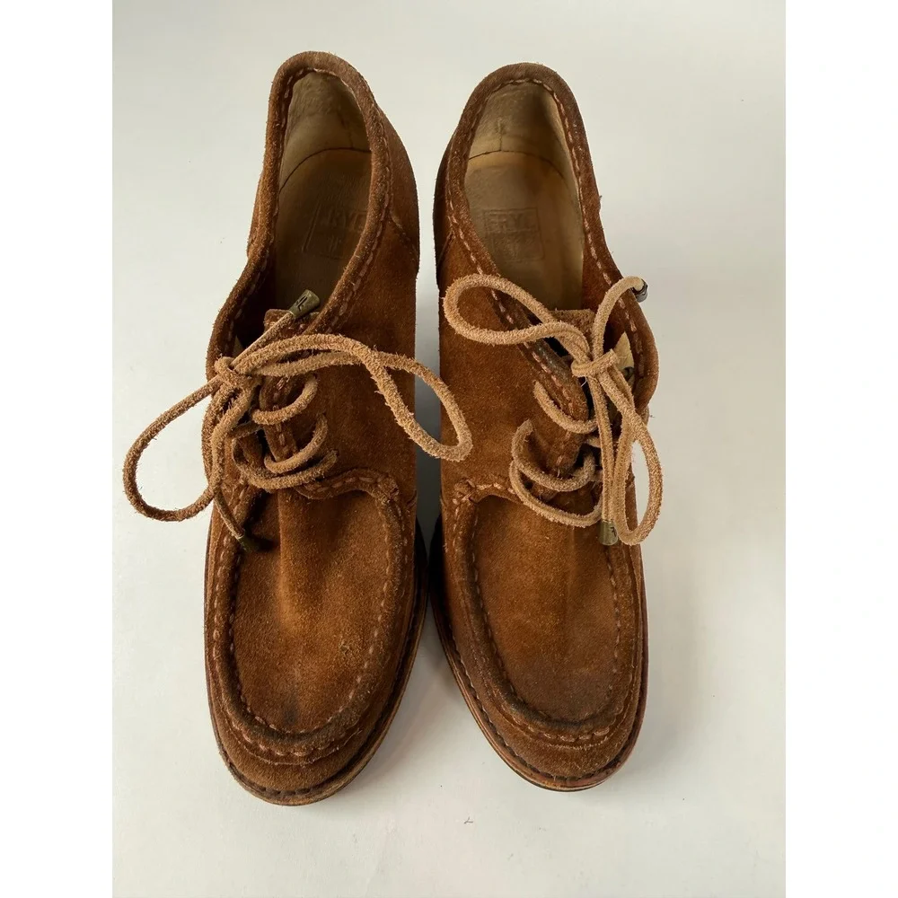 Frye Womens Cognac Brown Suede Lace Up Moc Toe Wedge Booties Shoes‎